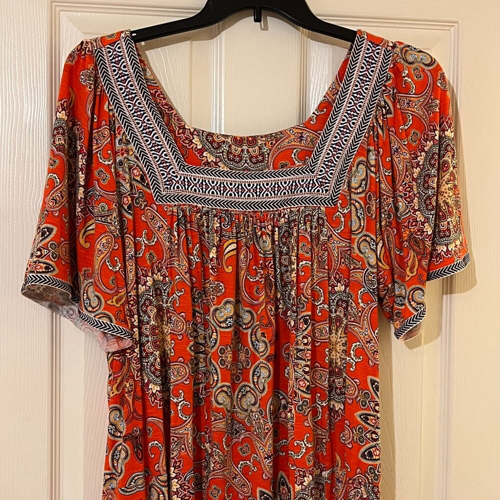Women's Blouse Orange Paisley w/Blue Accents, Square Neck 18-20 (Cato Brand)